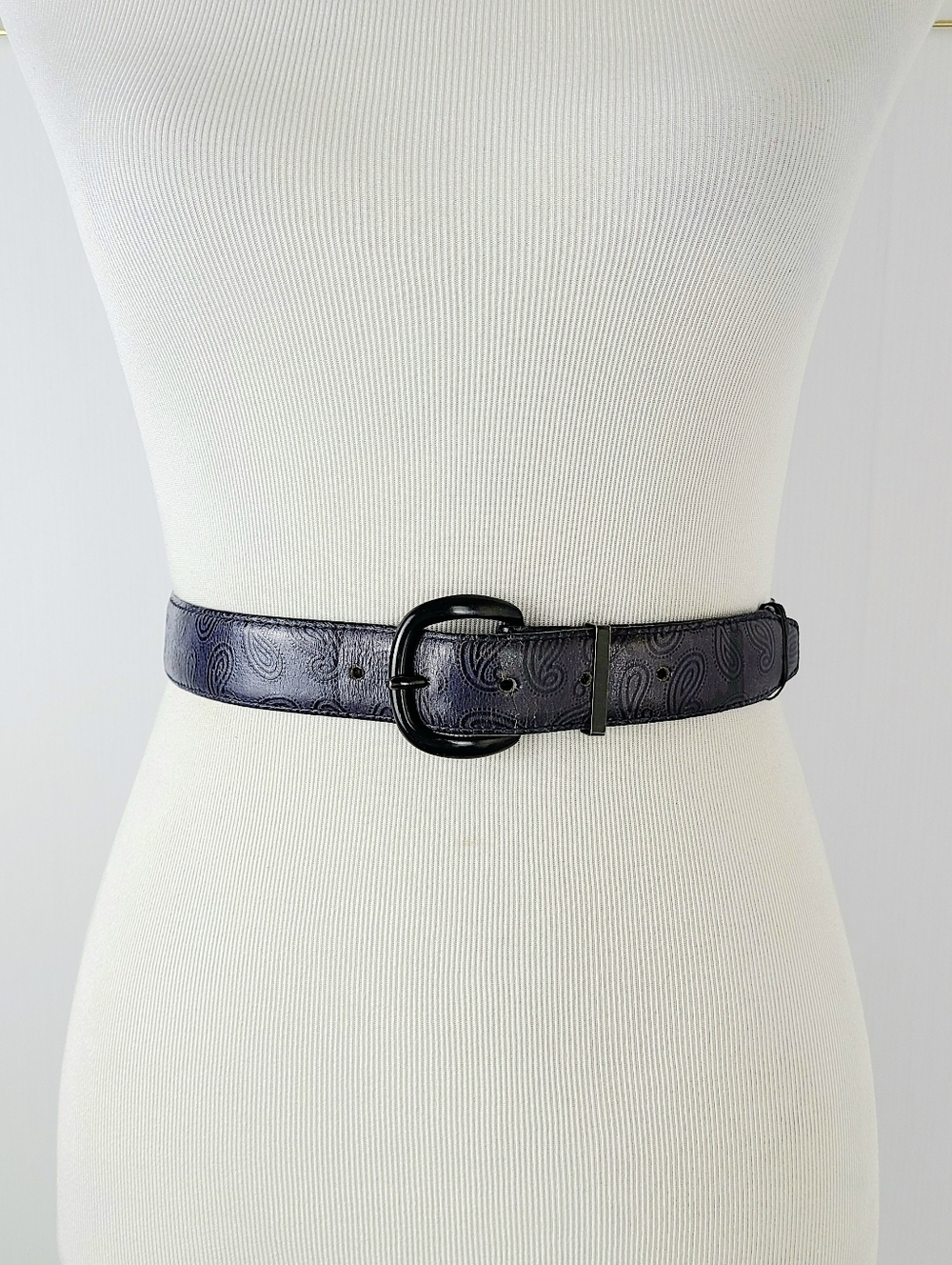 Just Jamie Tooled Paisley Navy Distressed  Italian Calfskin Leather Vintage Belt